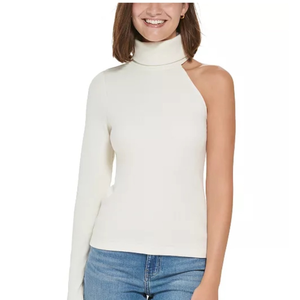 Calvin Klein Jeans Cream One-Shoulder Turtleneck Sweater